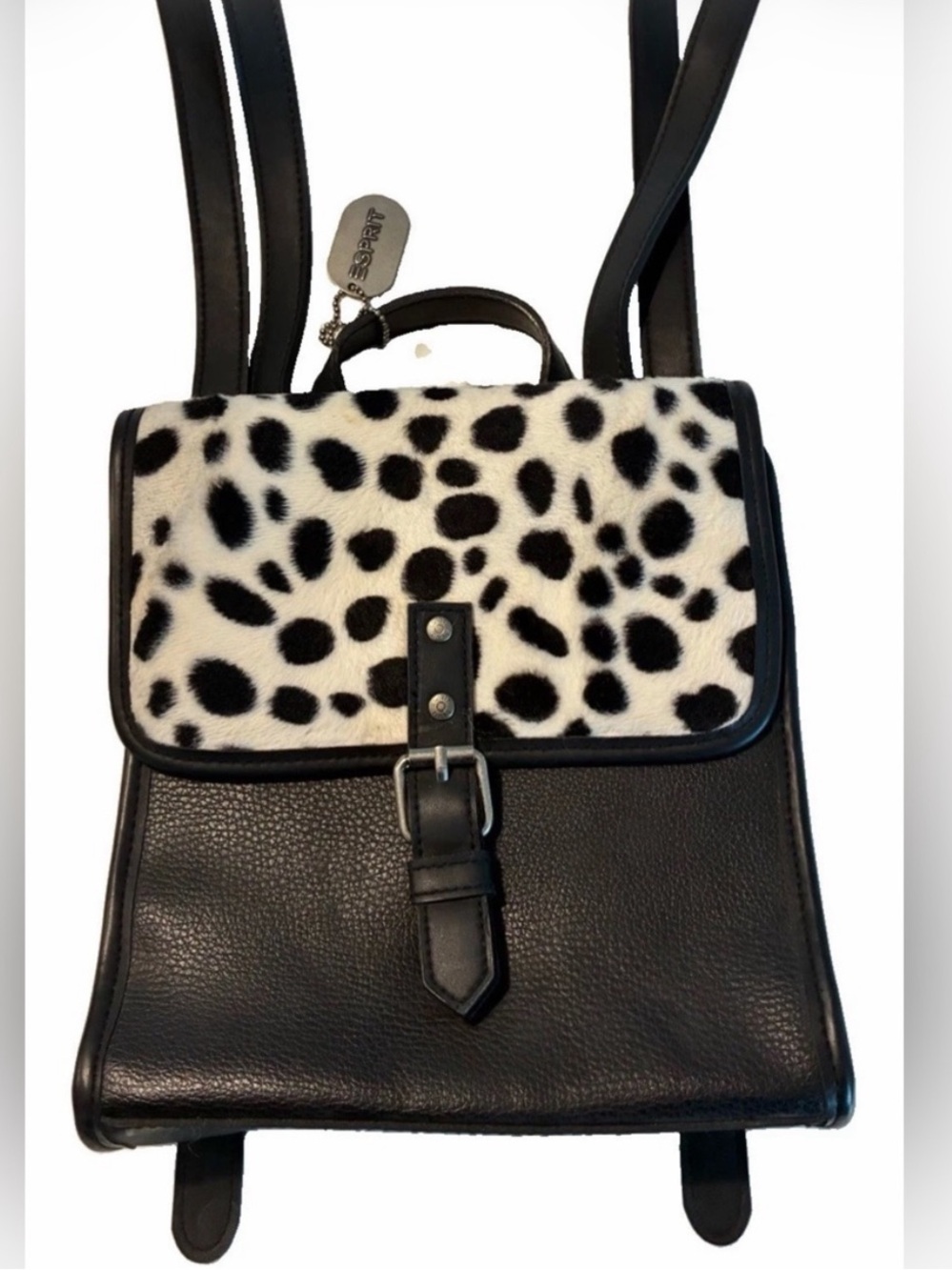 Vintage 90s Esprit Mini Backpack Dalmatian Faux Calf Hair Flap Genuine Leather